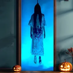 Halloween Door Cover – Creepy Ghost Girl Behind Glass Door, Haunted House Entrance Banner, Horror Outdoor 2025 Halloween Decoration for Bedroom, Living Room, Bathroom
