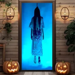 Halloween Door Cover – Creepy Ghost Girl Behind Glass Door, Haunted House Entrance Banner, Horror Outdoor 2025 Halloween Decoration for Bedroom, Living Room, Bathroom