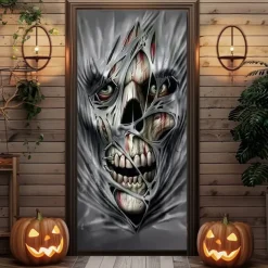 Halloween Door Cover – Creepy Zombie Face Close-Up, Haunted House Entrance Banner, Horror Outdoor 2025 Halloween Decoration for Bedroom, Living Room, Bathroom