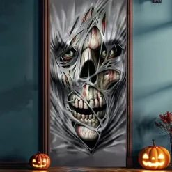 Halloween Door Cover – Creepy Zombie Face Close-Up, Haunted House Entrance Banner, Horror Outdoor 2025 Halloween Decoration for Bedroom, Living Room, Bathroom