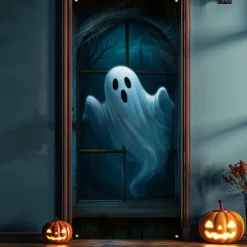 Halloween Door Cover – Cute Ghost and Black Cat in Blue Night Scene, Haunted House Entrance Banner, Spooky Outdoor & Indoor 2025 Halloween Decoration for Bedroom, Living Room, Bathroom