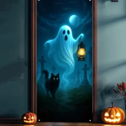 Halloween Door Cover – Cute Ghost and Black Cat in Blue Night Scene, Haunted House Entrance Banner, Spooky Outdoor & Indoor 2025 Halloween Decoration for Bedroom, Living Room, Bathroom