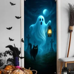 Halloween Door Cover – Cute Ghost and Black Cat in Blue Night Scene, Haunted House Entrance Banner, Spooky Outdoor & Indoor 2025 Halloween Decoration for Bedroom, Living Room, Bathroom