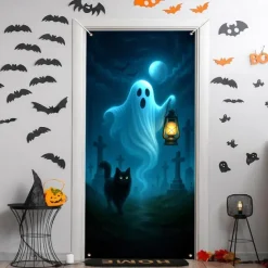 Halloween Door Cover – Cute Ghost and Black Cat in Blue Night Scene, Haunted House Entrance Banner, Spooky Outdoor & Indoor 2025 Halloween Decoration for Bedroom, Living Room, Bathroom