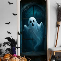 Halloween Door Cover – Cute Ghost and Black Cat in Blue Night Scene, Haunted House Entrance Banner, Spooky Outdoor & Indoor 2025 Halloween Decoration for Bedroom, Living Room, Bathroom