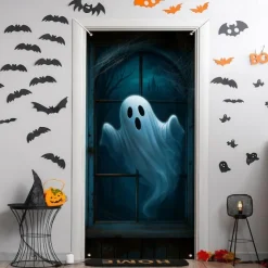 Halloween Door Cover – Cute Ghost and Black Cat in Blue Night Scene, Haunted House Entrance Banner, Spooky Outdoor & Indoor 2025 Halloween Decoration for Bedroom, Living Room, Bathroom