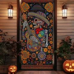 Halloween Door Cover – Dancing Skeleton in Colorful Costume, Haunted House Entrance Banner, Scary Outdoor & Indoor Decoration for 2025 Halloween Bedroom, Living Room, Bathroom