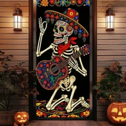 Halloween Door Cover – Dancing Skeleton in Colorful Costume, Haunted House Entrance Banner, Scary Outdoor & Indoor Decoration for 2025 Halloween Bedroom, Living Room, Bathroom