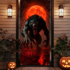 Halloween Door Cover – Evil Demon Emerging from Wooden Door, Haunted House Entrance Banner, Spooky Outdoor & Indoor 2025 Halloween Decoration for Bedroom, Living Room, Bathroom