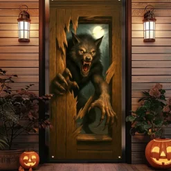 Halloween Door Cover – Evil Demon Emerging from Wooden Door, Haunted House Entrance Banner, Spooky Outdoor & Indoor 2025 Halloween Decoration for Bedroom, Living Room, Bathroom