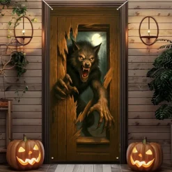 Halloween Door Cover – Evil Demon Emerging from Wooden Door, Haunted House Entrance Banner, Spooky Outdoor & Indoor 2025 Halloween Decoration for Bedroom, Living Room, Bathroom