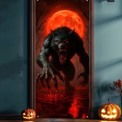 Halloween Door Cover – Evil Demon Emerging from Wooden Door, Haunted House Entrance Banner, Spooky Outdoor & Indoor 2025 Halloween Decoration for Bedroom, Living Room, Bathroom