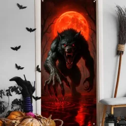 Halloween Door Cover – Evil Demon Emerging from Wooden Door, Haunted House Entrance Banner, Spooky Outdoor & Indoor 2025 Halloween Decoration for Bedroom, Living Room, Bathroom