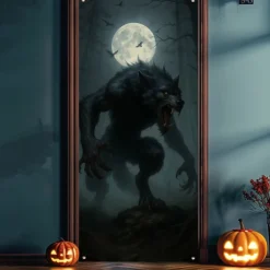 Halloween Door Cover – Evil Demon Emerging from Wooden Door, Haunted House Entrance Banner, Spooky Outdoor & Indoor 2025 Halloween Decoration for Bedroom, Living Room, Bathroom