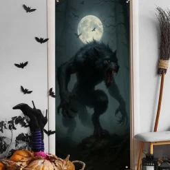 Halloween Door Cover – Evil Demon Emerging from Wooden Door, Haunted House Entrance Banner, Spooky Outdoor & Indoor 2025 Halloween Decoration for Bedroom, Living Room, Bathroom