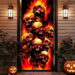 Halloween Door Cover – Fiery Skull Army from Hell, Haunted House Entrance Banner, Scary Outdoor 2025 Halloween Decoration for Bedroom, Living Room, Bathroom