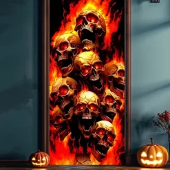 Halloween Door Cover – Fiery Skull Army from Hell, Haunted House Entrance Banner, Scary Outdoor 2025 Halloween Decoration for Bedroom, Living Room, Bathroom