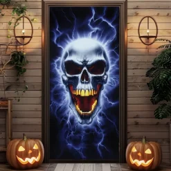 Halloween Door Cover – Fiery Skull Army from Hell, Haunted House Entrance Banner, Scary Outdoor 2025 Halloween Decoration for Bedroom, Living Room, Bathroom