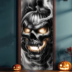 Halloween Door Cover – Fiery Skull Army from Hell, Haunted House Entrance Banner, Scary Outdoor 2025 Halloween Decoration for Bedroom, Living Room, Bathroom