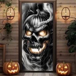 Halloween Door Cover – Fiery Skull Army from Hell, Haunted House Entrance Banner, Scary Outdoor 2025 Halloween Decoration for Bedroom, Living Room, Bathroom