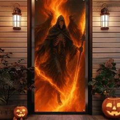 Halloween Door Cover – Fiery Skeleton in Flames, Haunted House Entrance Banner, Scary Outdoor & Indoor Decoration for 2025 Halloween Bedroom, Living Room, Bathroom