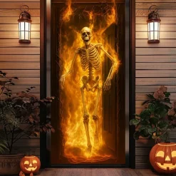 Halloween Door Cover – Fiery Skeleton in Flames, Haunted House Entrance Banner, Scary Outdoor & Indoor Decoration for 2025 Halloween Bedroom, Living Room, Bathroom