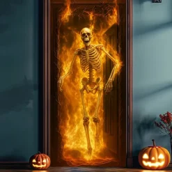 Halloween Door Cover – Fiery Skeleton in Flames, Haunted House Entrance Banner, Scary Outdoor & Indoor Decoration for 2025 Halloween Bedroom, Living Room, Bathroom