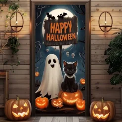 Halloween Door Cover – Flying Witch Silhouette with BOO Sign, Haunted House Entrance Banner, Scary Outdoor & Indoor Decoration for 2025 Halloween Bedroom, Living Room, Bathroom