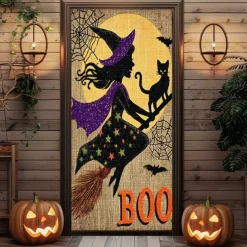 Halloween Door Cover – Flying Witch Silhouette with BOO Sign, Haunted House Entrance Banner, Scary Outdoor & Indoor Decoration for 2025 Halloween Bedroom, Living Room, Bathroom