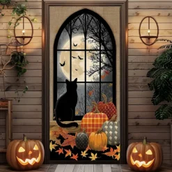 Halloween Door Cover – Flying Witch Silhouette with BOO Sign, Haunted House Entrance Banner, Scary Outdoor & Indoor Decoration for 2025 Halloween Bedroom, Living Room, Bathroom