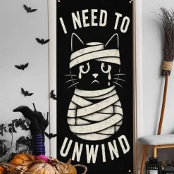 Halloween Door Cover – Funny Mummy Cat "I Need to Unwind" Design, Haunted House Entrance Banner, Scary Outdoor & Indoor Decoration for 2025 Halloween Bedroom, Living Room, Bathroom