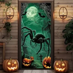 Halloween Door Cover – Giant Green Spider in Haunted Forest, Creepy Entrance Banner, Outdoor & Indoor Decoration for 2025 Halloween Bedroom, Living Room, Bathroom