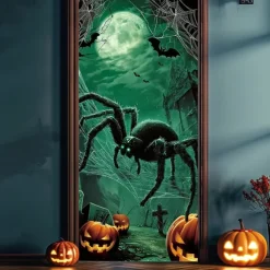 Halloween Door Cover – Giant Green Spider in Haunted Forest, Creepy Entrance Banner, Outdoor & Indoor Decoration for 2025 Halloween Bedroom, Living Room, Bathroom