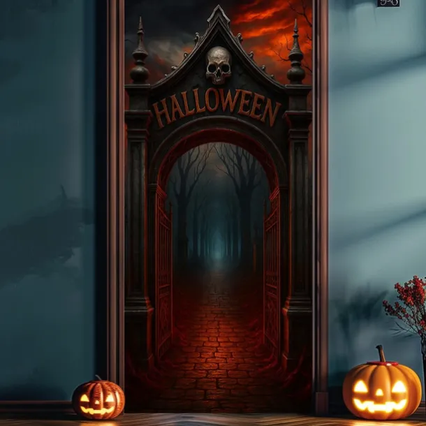 Halloween Door Cover – Glowing Golden Corridor to Haunted House, Spooky Entrance Banner, Creepy Outdoor 2025 Halloween Decoration for Bedroom, Living Room, Bathroom