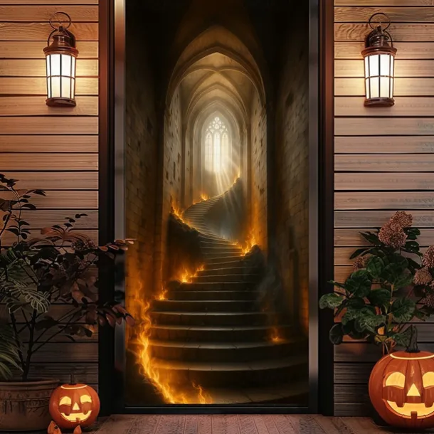 Halloween Door Cover – Glowing Golden Corridor to Haunted House, Spooky Entrance Banner, Creepy Outdoor 2025 Halloween Decoration for Bedroom, Living Room, Bathroom