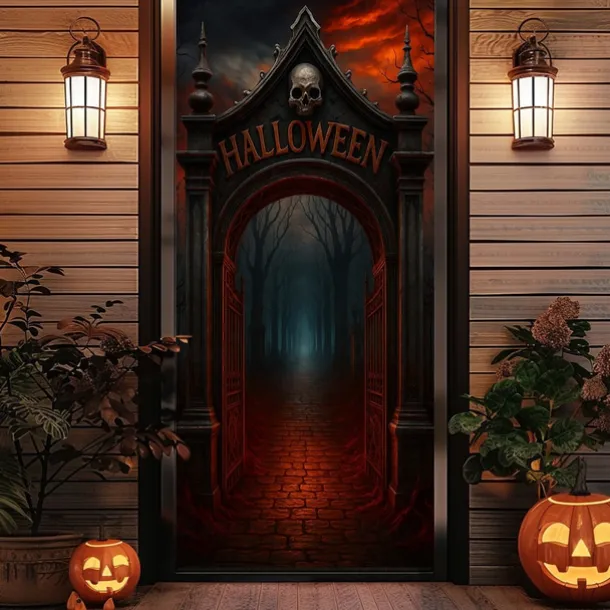 Halloween Door Cover – Glowing Golden Corridor to Haunted House, Spooky Entrance Banner, Creepy Outdoor 2025 Halloween Decoration for Bedroom, Living Room, Bathroom