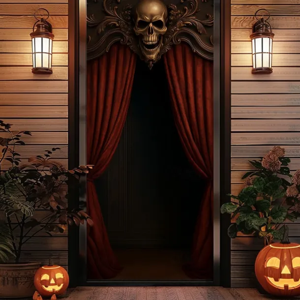 Halloween Door Cover – Glowing Golden Corridor to Haunted House, Spooky Entrance Banner, Creepy Outdoor 2025 Halloween Decoration for Bedroom, Living Room, Bathroom