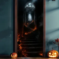 Halloween Door Cover – Glowing Golden Corridor to Haunted House, Spooky Entrance Banner, Creepy Outdoor 2025 Halloween Decoration for Bedroom, Living Room, Bathroom