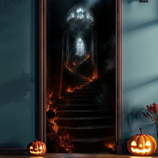 Halloween Door Cover – Glowing Golden Corridor to Haunted House, Spooky Entrance Banner, Creepy Outdoor 2025 Halloween Decoration for Bedroom, Living Room, Bathroom