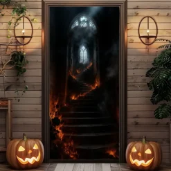 Halloween Door Cover – Glowing Golden Corridor to Haunted House, Spooky Entrance Banner, Creepy Outdoor 2025 Halloween Decoration for Bedroom, Living Room, Bathroom