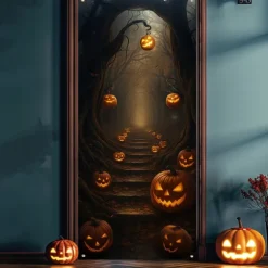 Halloween Door Cover – Glowing Pumpkins in Gothic Archway, Haunted House Entrance Banner, Autumn Outdoor & Indoor 2025 Halloween Decoration for Bedroom, Living Room, Bathroom