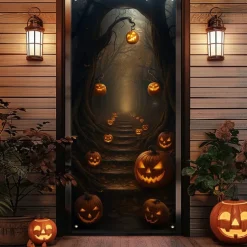 Halloween Door Cover – Glowing Pumpkins in Gothic Archway, Haunted House Entrance Banner, Autumn Outdoor & Indoor 2025 Halloween Decoration for Bedroom, Living Room, Bathroom