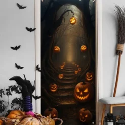 Halloween Door Cover – Glowing Pumpkins in Gothic Archway, Haunted House Entrance Banner, Autumn Outdoor & Indoor 2025 Halloween Decoration for Bedroom, Living Room, Bathroom