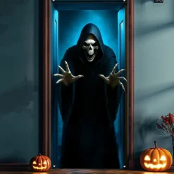 Halloween Door Cover – Grim Reaper Holding Scythe, Haunted House Entrance Banner, Scary Outdoor & Indoor Decoration for 2025 Halloween Bedroom, Living Room, Bathroom