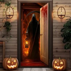 Halloween Door Cover – Grim Reaper with Lantern at Night, Haunted House Entrance Banner, Scary Outdoor 2025 Halloween Decoration for Bedroom, Living Room, Bathroom