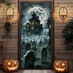 Halloween Door Cover – Haunted Graveyard with Spooky House, Moonlit Horror Entrance Banner, Outdoor & Indoor Decoration for 2025 Halloween Bedroom, Living Room, Bathroom