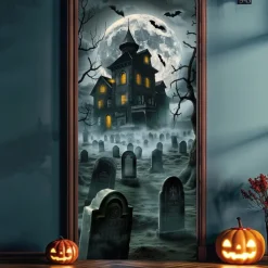 Halloween Door Cover – Haunted Graveyard with Spooky House, Moonlit Horror Entrance Banner, Outdoor & Indoor Decoration for 2025 Halloween Bedroom, Living Room, Bathroom