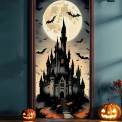 Halloween Door Cover – Haunted Castle with Glowing Windows, Spooky Night Sky Entrance Banner, Outdoor 2025 Halloween Decoration for Bedroom, Living Room, Bathroom