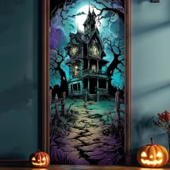 Halloween Door Cover – Haunted Castle with Glowing Windows, Spooky Night Sky Entrance Banner, Outdoor 2025 Halloween Decoration for Bedroom, Living Room, Bathroom