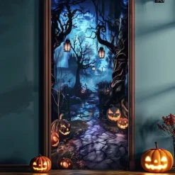 Halloween Door Cover – Haunted Castle by Moonlit Lake, Spooky Entrance Banner, Outdoor 2025 Halloween Decoration for Bedroom, Living Room, Bathroom